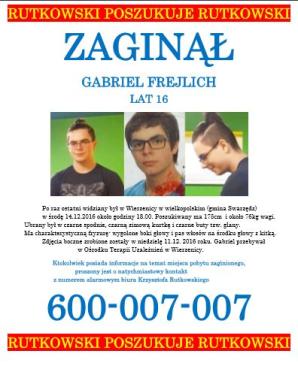 Rutkowski poszukuje 16-letniego GABRIELA FREJLICHA. Zniknął 14 grudnia 2016 roku k. Swarzędza w Wielkopolsce